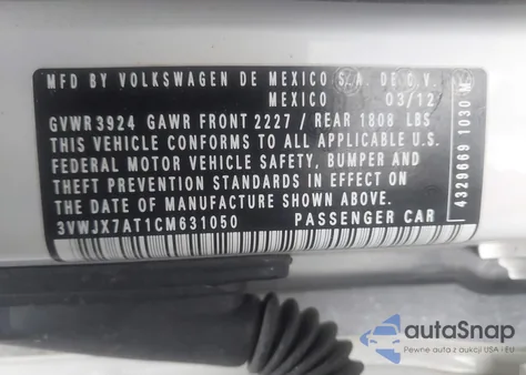 2012 Volkswagen Beetle 2.5L z USA, uszkodzony, nr VIN 3VWJX7AT1CM631050